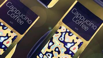 Abstract packages of cappuccino coffee and falling drops of water. Motion. Beautiful design of coffee packaging on golden background. video