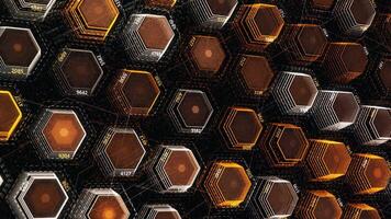 Concept of internet and computer science. Animation. Abstract technological background presented by brown and yellow rows of hexagonal shaped figures blinking on black background. video