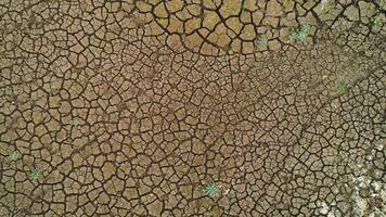 Top view of arid surface of earth. Shot. Arid terrain with clay soil and sparse grasses. Textured surface of dry earth with cracks video