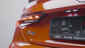 Germany, Berlin - March 2021. New car rear view details. Action. Stylish exterior design of new car. Rear lights of latest car model from Audi video