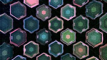 Slowly blinking hexagon figures of blue and green colors, seamless loop. Animation. Transparent shapes flowing in front of hexagonal texture. video