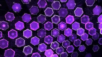 Structure of luminous hexagons. Animation. Colored neon hexagons pulse on black background. Futuristic three-dimensional hexagon background video