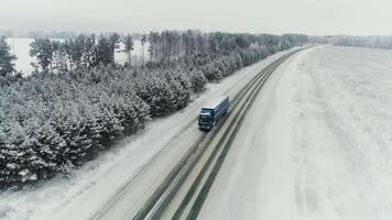 vrachtauto rit langs de weg door de winter Woud. tafereel. antenne visie Aan auto het rijden in winter, weg omringd met mooi Woud gedekt in sneeuw video