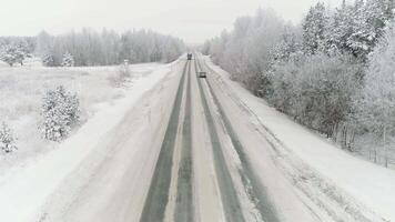 vrachtauto rit langs de weg door de winter Woud. tafereel. antenne visie Aan auto het rijden in winter, weg omringd met mooi Woud gedekt in sneeuw video