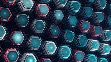 3d sexhörning vägg. animation. holografiska hexagoner puls på svart bakgrund. bakgrund av trogen lysande hexagoner video