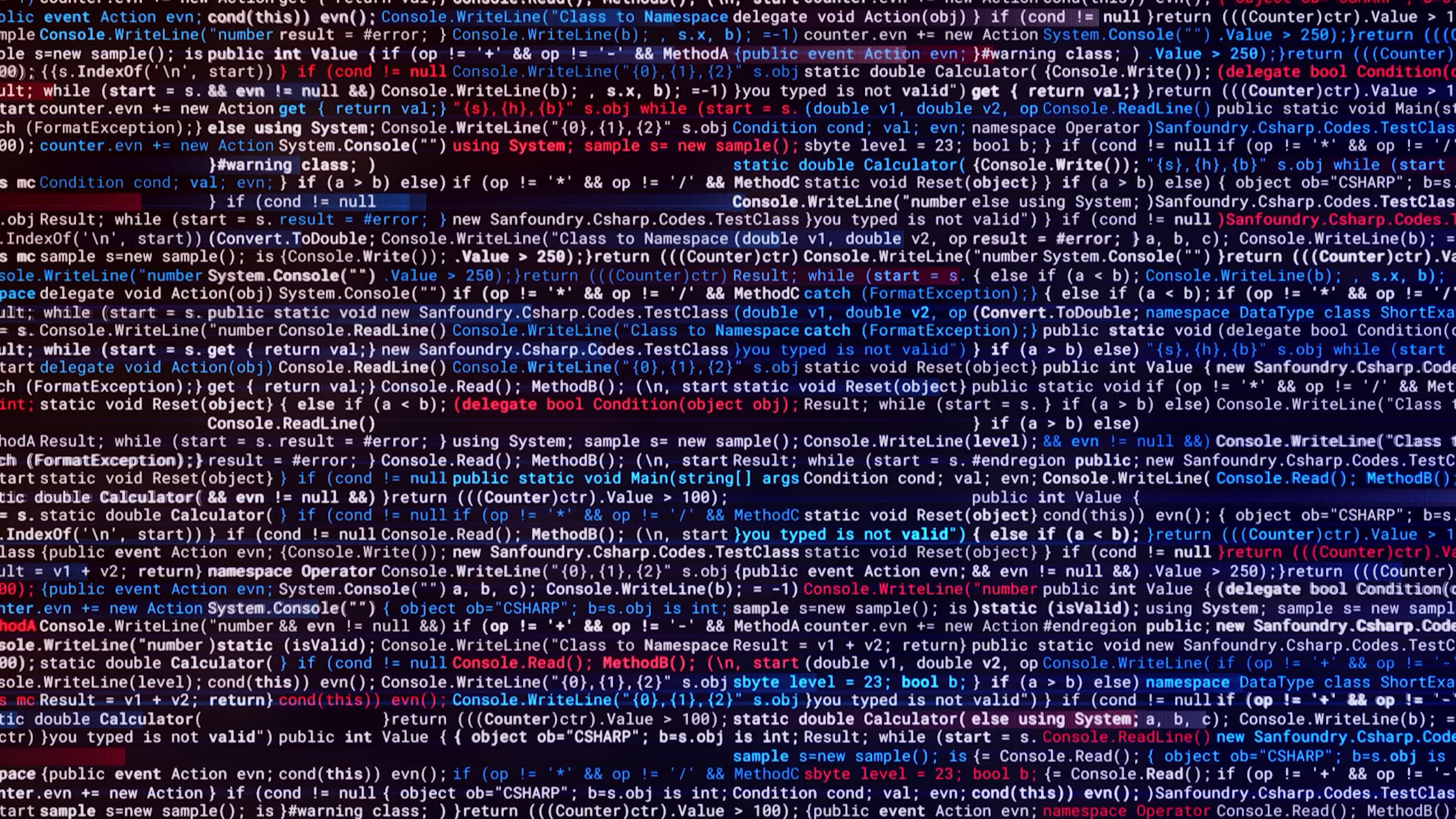 Large program text on black background. Animation. Real program text ...
