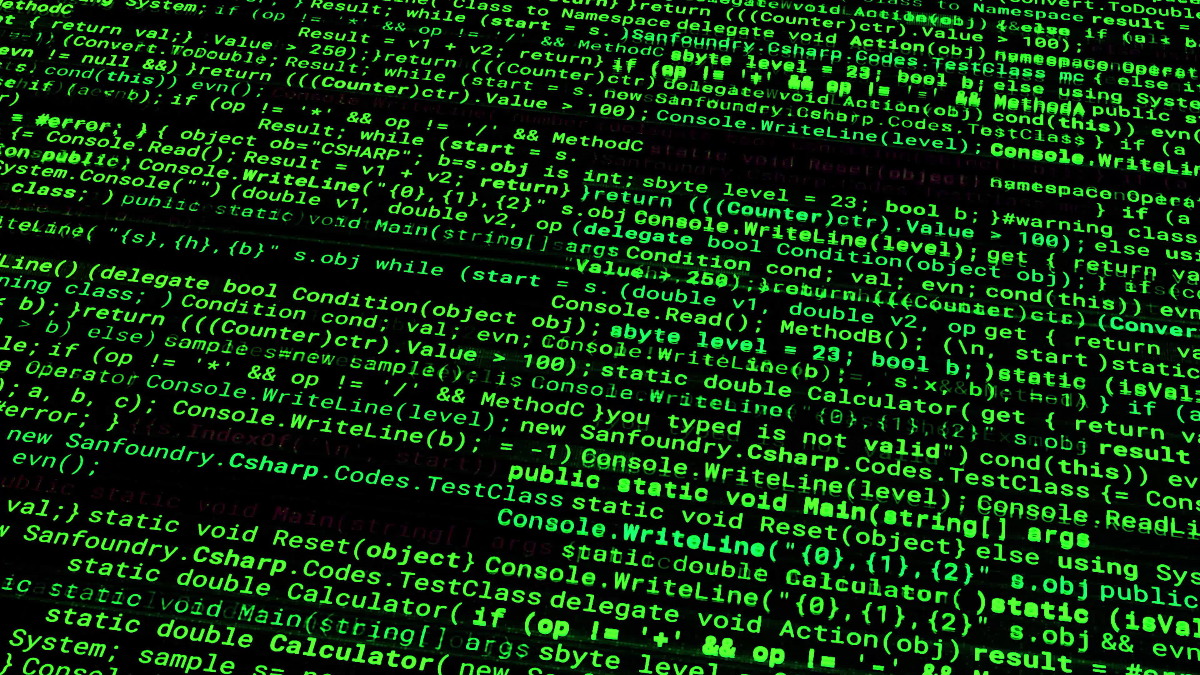 Program code of matrix on black background. Animation. Green text from ...