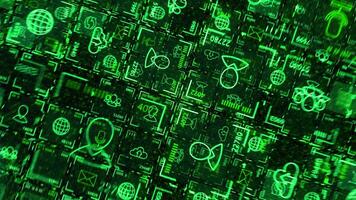 Electronic icons with images. Animation. Information icons with images in matrix. Green electronic icons inside matrix network video