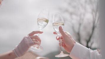 fechar acima lado Visão do noivo e noiva mãos tilintar óculos com vinho durante seus casamento. Ação. conceito do celebração e iniciando família. video