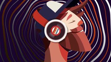 Side view of an abstract happy man face with a cap and headphones enjoying music with his eye closed. Motion. Bearded hipster listening to music on the background of curving rotating rings, seamless video