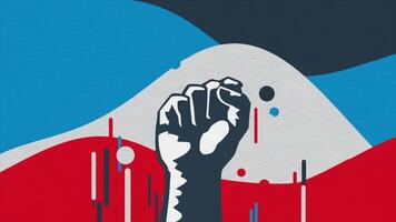 Cartoon design of a male strong fist on a colorful waving simple background. Animation. Concept of strength, protest, and anger. video