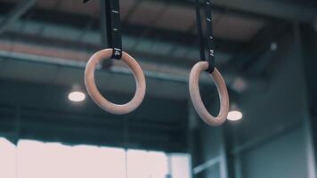 Professional sports equipment and the interior of a gym. . Bottom view of gymnastic rings with a sports hall ceiling on the background. video