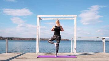 achterzijde visie van een vrouw in sport- pak beoefenen yoga Aan een houten pier in de buurt blauw meer. concept. concept van ontspanning en lichaam zorg, aan het doen asana Aan zomer blauw lucht achtergrond. video