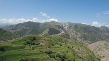 bellissimo aereo Visualizza di verde collinoso paesaggio su blu nuvoloso cielo sfondo. azione. volante sopra montagna gamma coperto di verde erba e in crescita alberi. video