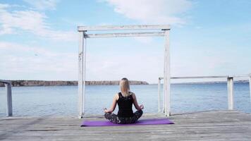 mujer practicando yoga meditando al aire libre en un hermosa de madera muelle, salud y bienestar. concepto. posterior ver de un joven juguetón niña sentado en frente de un amplio lago en un verano día. video