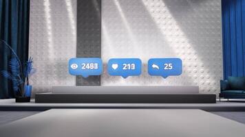resumen social red notificaciones con el mostrador de puntos de vista, gustos, y Comparte. movimiento. concepto de popular contenido, íconos en resumen decorado pedestal. video