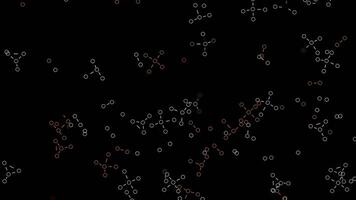 Abstract chemical formulas consisting of benzene rings on black background, seamless loop. Animation. Scientific pattern with appearing and flying formulas. video