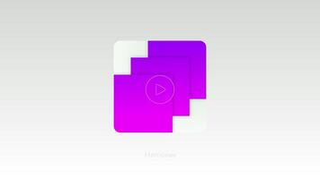 Purple squares on light background, concept of smartphone technologies. Motion. Round shaped silhouette with a triangle inside appearing on each square, play icon and the memories inscription. video