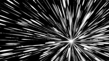 en voyageant par noir espace, blanc champ d'étoiles, sans couture boucle. animation. monochrome modèle avec diffusion blanc poutres de lumière. video