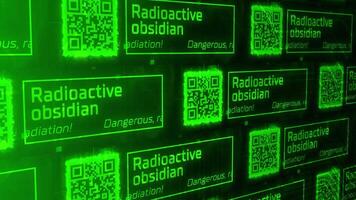 abstrait qr codes et le une inscription radioactif obsidienne. mouvement. avertissement information de infecté dangereux zone, sans couture boucle. video