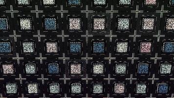 QR code abstract technology background, seamless loop. Animation. 3D futuristic pattern with the straight rows of squares with qr codes divided by crosses on a dark background. video