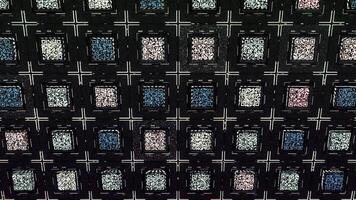 QR code abstract technology background, seamless loop. Animation. 3D futuristic pattern with the straight rows of squares with qr codes divided by crosses on a dark background. video