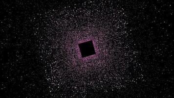 abstrait espace tunnel avec une carré entouré par des millions de brillant particules. mouvement. tournant noir carré entouré par espace poussière. video