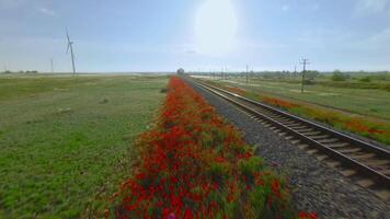 Drone flies over railway on sunny day. Shot. View from running train on rails going into distance. Beautiful landscape with railway and green fields to horizon on sunny day video