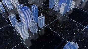 ljus skön neon trådmodell av abstrakt digital stad Centrum med skyskrapor på svart bakgrund. animation. digital teknologi och företag begrepp, 3d falsk upp av en stad gata. video