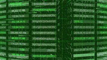 Hacking passwords and addresses. Animation. Passwords and addresses are publicly available after being hacked by hackers. Password configurations in tabular form with personal address data video