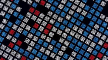 multicolore animato mosaico su nero sfondo. animazione. lotto di colorato piazze mossa nel mosaico fluire. elettronico mosaico con piazze trasporto informazione nel cyberspazio video