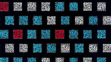 Colorful QR codes on black background. Animation. rows of codes move like a snake. Lot of QR codes move through rows. Matrix barcodes with information about various objects video