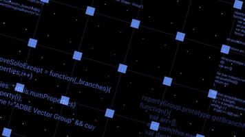 schwindelerregend Programm Hintergrund. Bewegung. Gitter mit Quadrate und erscheint Programm Codes. farbig Programm Codes auf Gitter sind Spinnen auf schwarz Hintergrund video