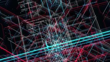 Technological high tech background of a complex tunnel made by colorful narrow lines. Animation. Flowing through the virtual space filled with bending stripes, seamless loop. video