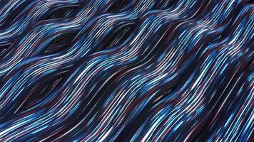 Wavy moving wide lines on abstract black background, seamless loop. Animation. Rotating curving 3D texture with red, blue, and white tapes. video