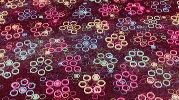 rör på sig fält av små färgrik cirklar imiterar blomma silhuetter i rosa färger, sömlös slinga. animation. begrepp av barndom, enkel former liknar en blomma knopp. video