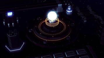 Interior details of an alien space ship with a glowing light bulb. Motion. Space aircraft dashboard with colorful buttons and indicators. video