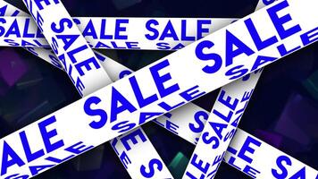 Abstract many words sale written on moving lines on dark background, seamless loop. Animation. Concept of online shopping, many crossing tapes with sale inscription. video