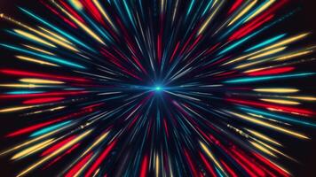 Abstract magnetic light blue core surrounded by colorful red, blue, yellow rays on black background, seamless loop. Animation. Rotating pulsating short stripes around a blue point. video