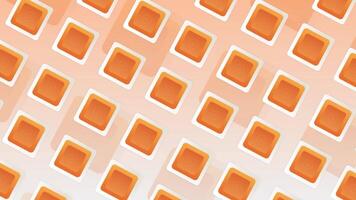 Rows of orange squares on gradient light background, seamless loop. Motion. Round shaped silhouette with a triangle inside appearing on each square, play icon. video