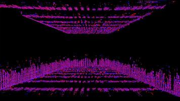 futuristische ultraviolet fluorescerend licht tunnel veranderen vorm en verdwijnen Aan zwart achtergrond. beweging. abstract roze disco gang van versmallen lijnen. video