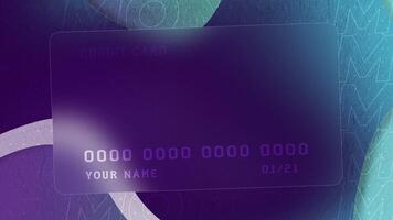 Abstract sample of a credit card design on purple background with geometric shapes. Motion. Transparent bank card, concept of finance. video