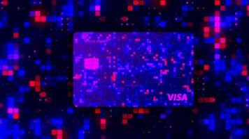 Abstract flying credit cards on the background of flickering small rows of squares. Motion. New beautiful stylized colorful bank cards on dark background with changing and blinking squares. video