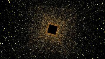 Abstract space tunnel with a square surrounded by millions of shining particles. Motion. Rotating black square surrounded by space dust. video