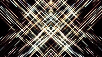 Abstract flows of glowing white and golden segments crossing on black background, seamless loop. Animation. Shining diagonal stripes forming a silhouette of a rhombus. video