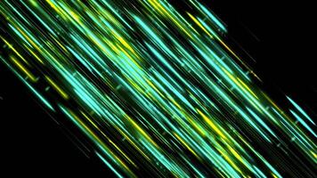 Beautiful flow of shining short diagonal lines on black background, seamless loop. Animation. Cosmic stream with glowing blue and yellow straight segments. video