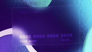 Abstract design of a new bank credit card on the background of blue flowing shapes. Motion. Concept of commerce and payment. video
