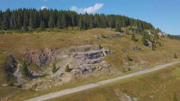 Wonderful bird's-eye view. Clip. A green hilly mountain on which there are roads with cars and a bus, on top of which there is a forest and a river below, on the right side you can see the other bank video