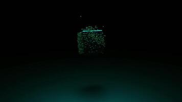 Close up of green cube rotating surrounded by endless quantity of tiny spheres. Design. 3D rotating dark cube is being swarmed over by small round shaped particles. video