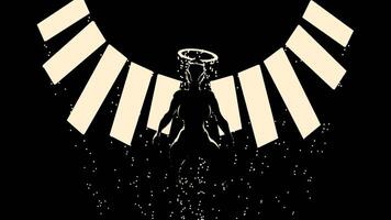 Abstract visualization of a fight game with a player ready for the combat. Design. Silhouette of a muscular fighter with a halo, a garland behind him, and flying sparkles. video